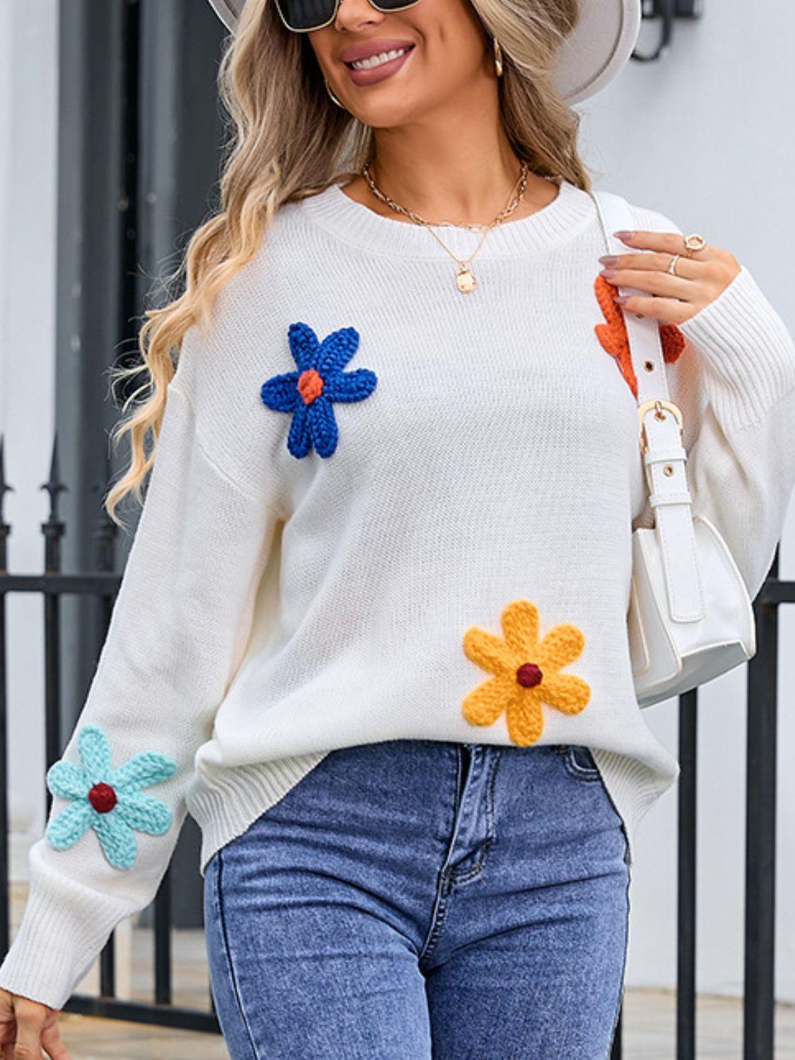 Angel Wings Crochet Flower Round Neck Sweater White