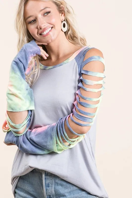 BiBi Jersey Knit Top with Tie Dye Laser Cut Sleeves