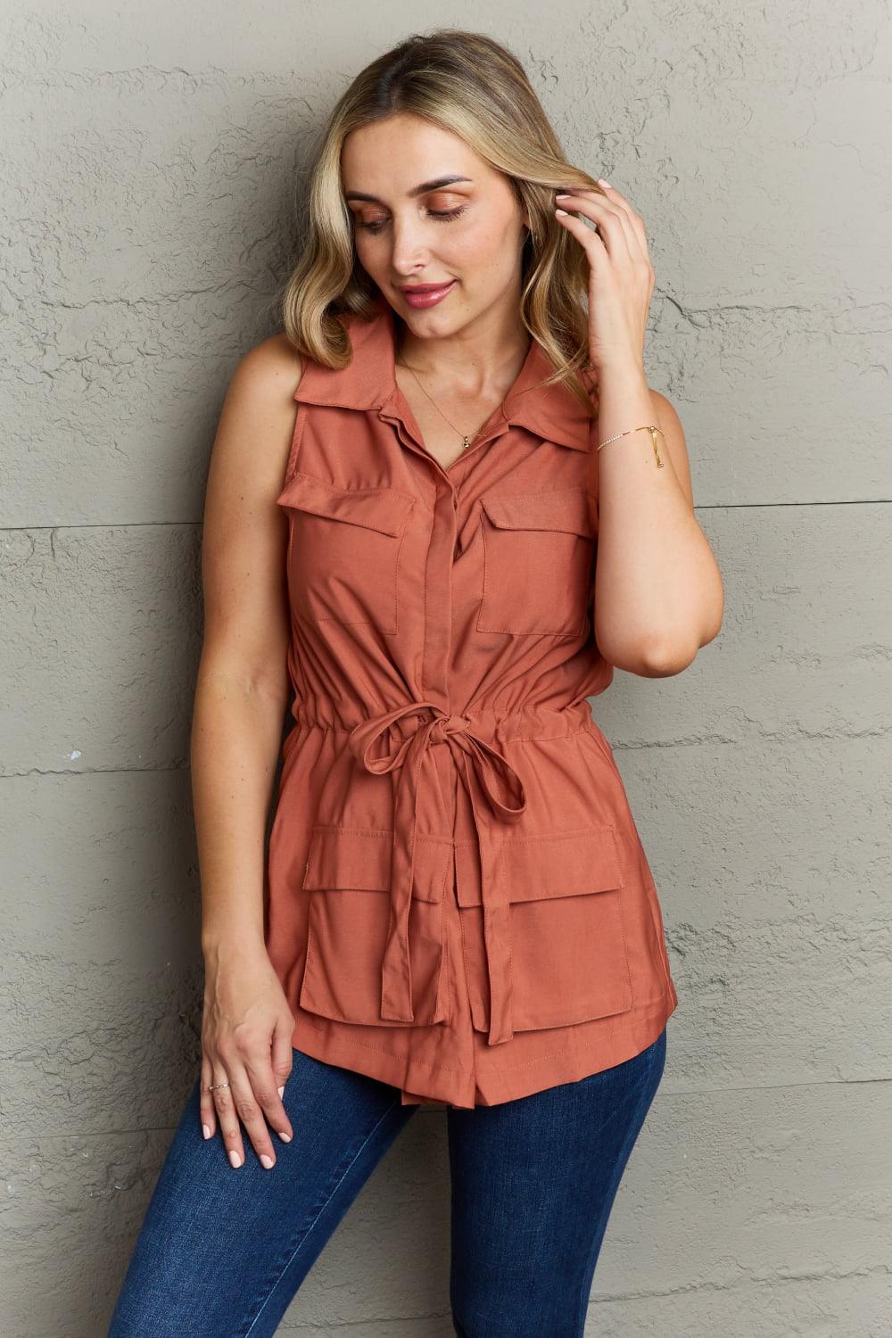 Ninexis Follow The Light Sleeveless Collared Button Down Top Rust