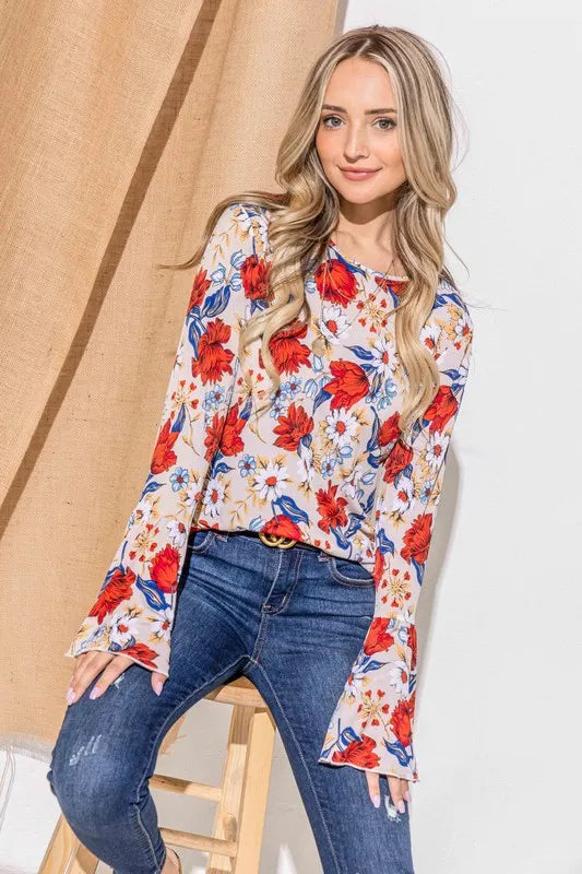 And The Why Floral Printed Bell Sleeve Casual Top BEIGE RED