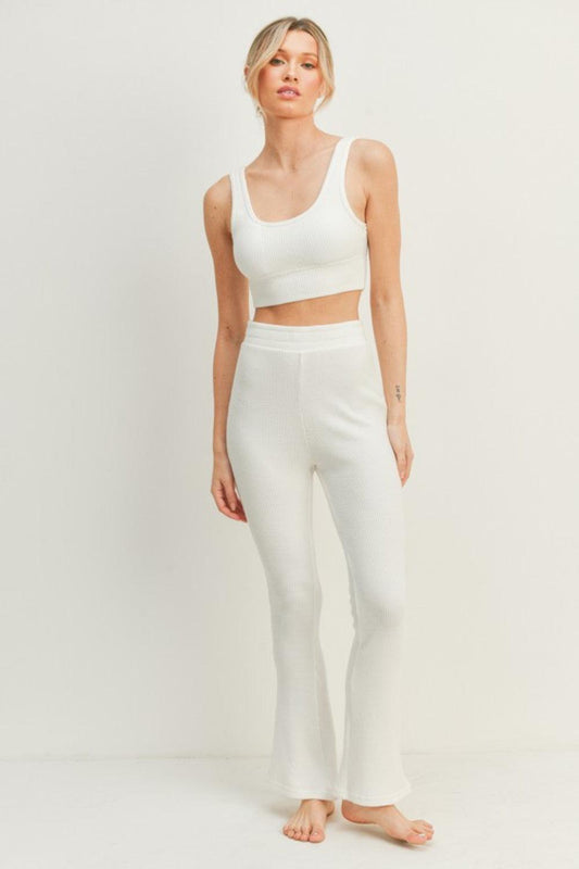 Kimberly C Waffle Tank and High Waist Flare Pants Set White