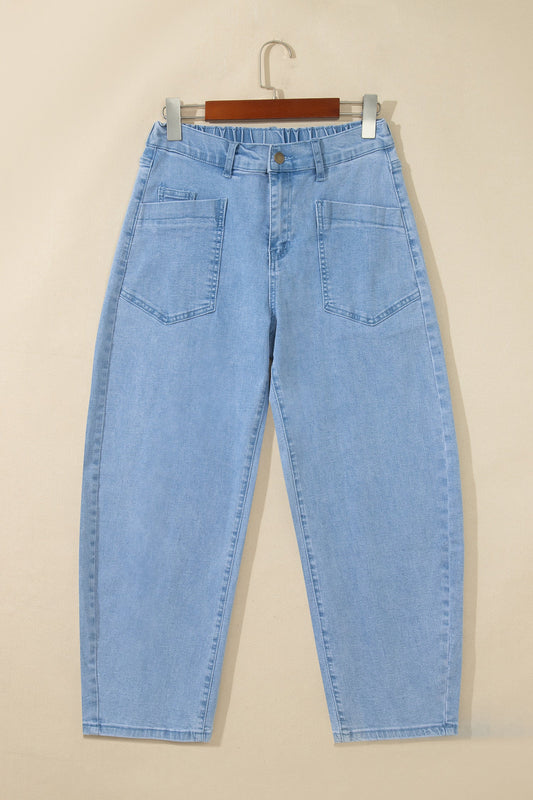 Solid Denim Square Patch Pocket Ankle Length Barrel Jeans