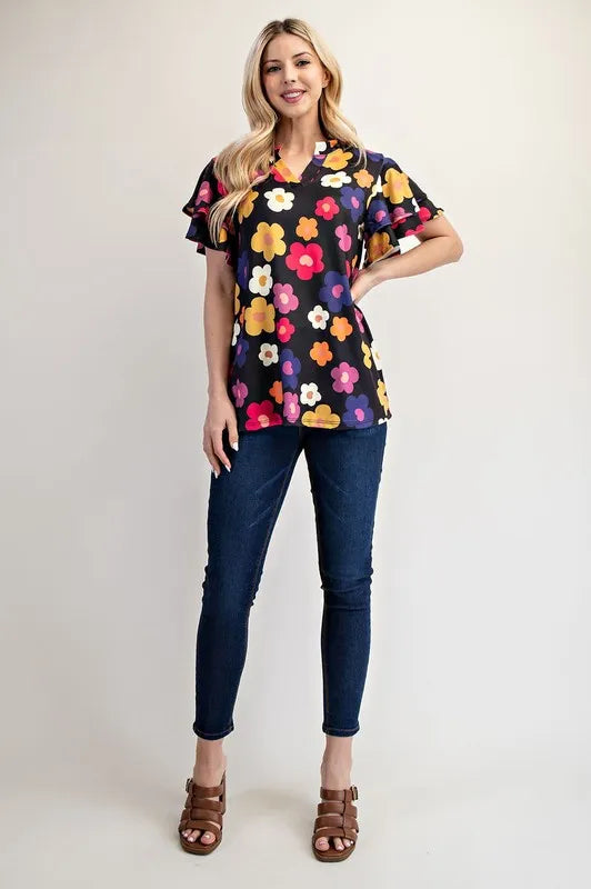 Celeste Bold Floral Ruffle Sleeve Top