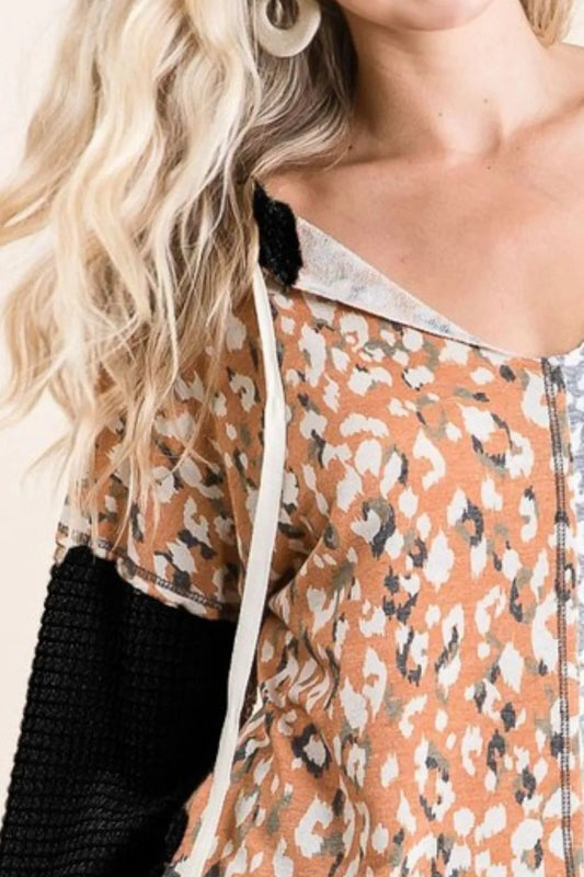 BiBi Popcorn Waffle Knit Hoodie with Print Block Front