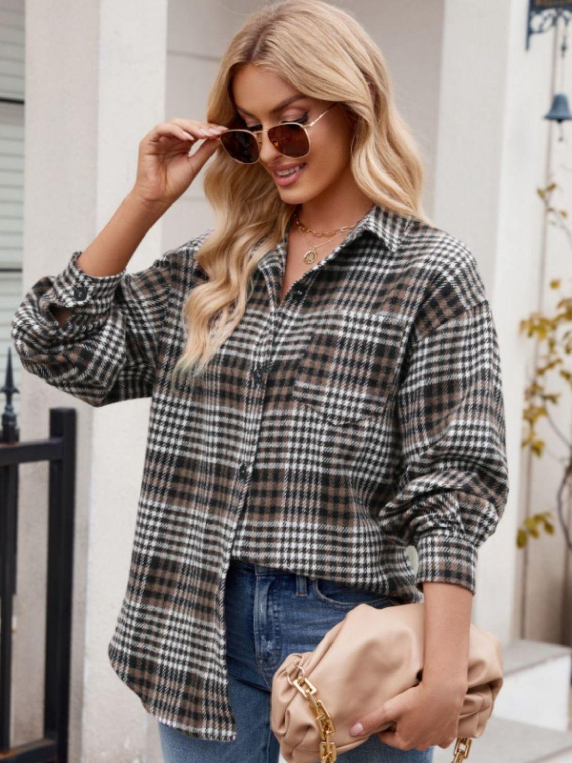 Mandy Pocketed Plaid Collared Neck Long Sleeve Shirt Chocolate
