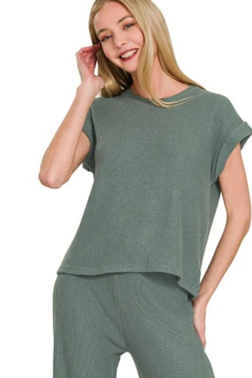 Zenana Rolled Sleeve Top and Pants Sweater Set