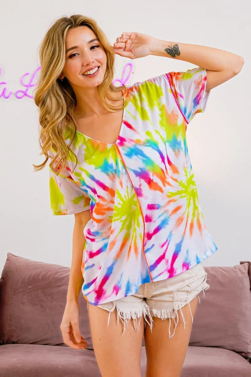 BiBi Tie Dye Print Jersey Stitched V Neck Top OFF WHITE MULTI
