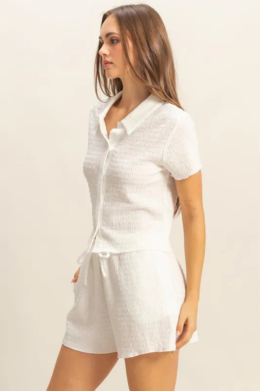 HYFVE Textured Short Sleeve Top and Drawstring Shorts Knit Set