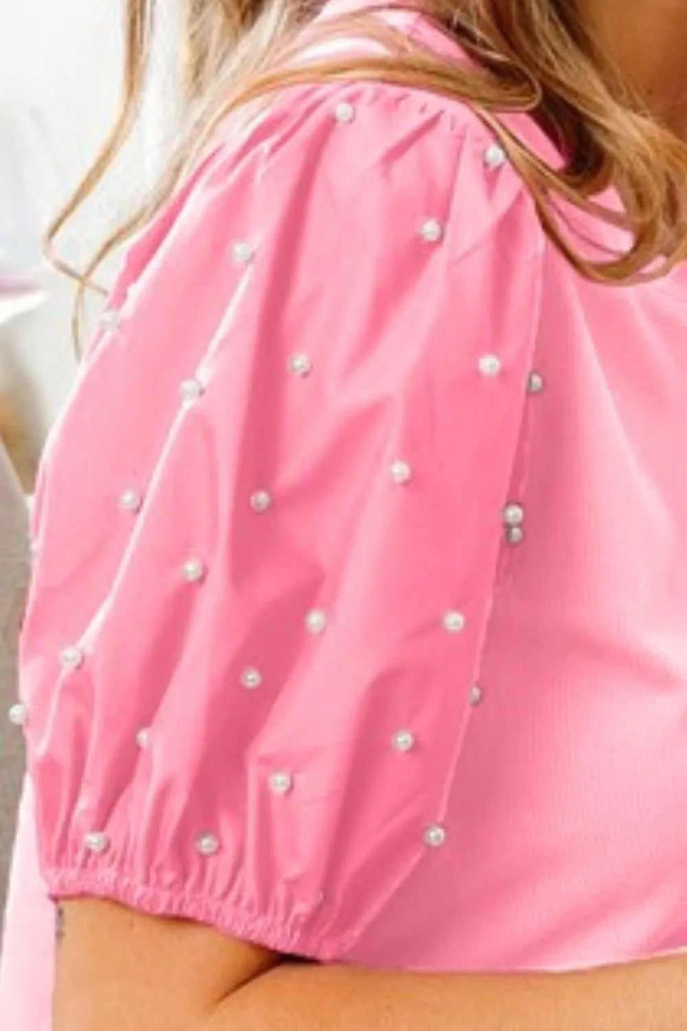 BiBi Pearl Beaded Short Puff Sleeve Top