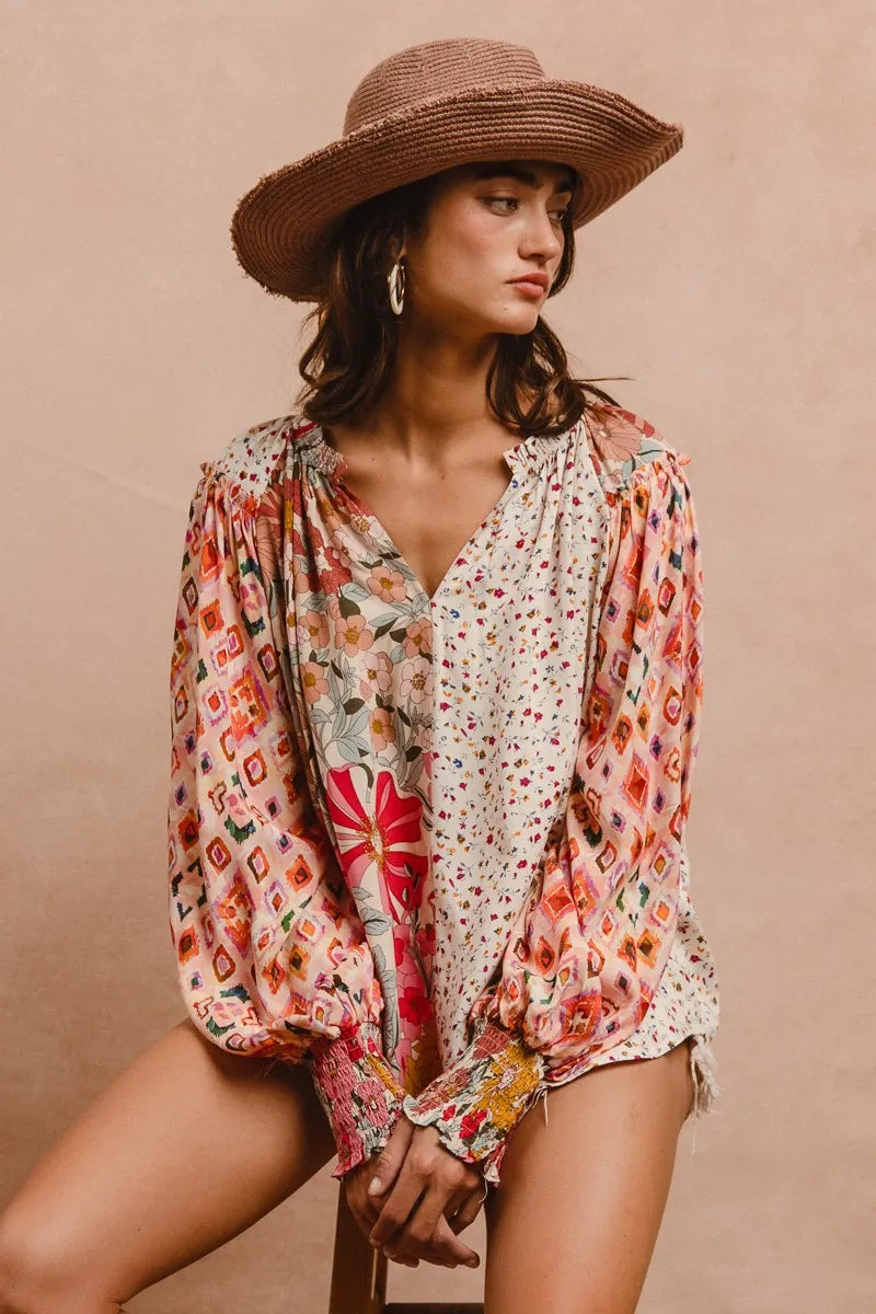 BiBi Floral Print Mix And Match Long Sleeve Peasant Top