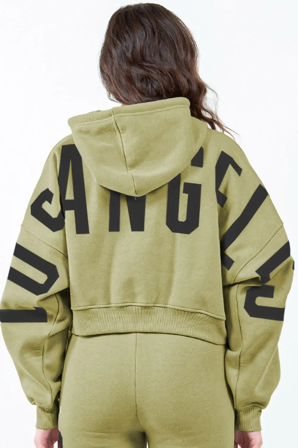 American Bazi Letter Graphic Long Sleeve Drawstring Cropped Hoodie Yellow-Green