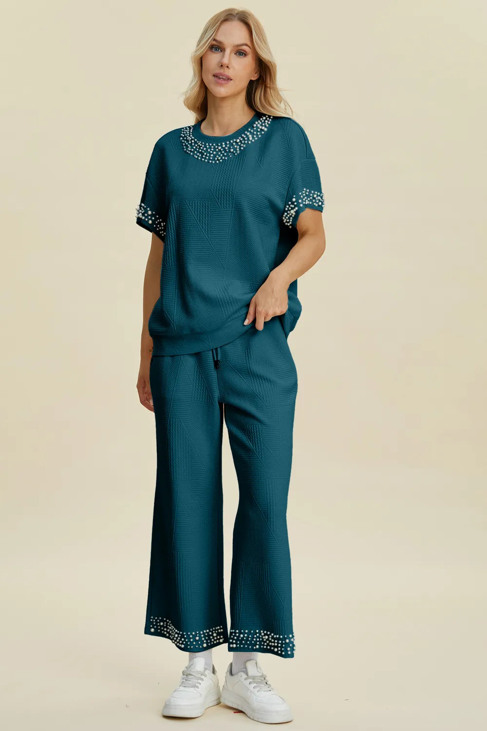 Double Take Full Size Pearl Detail Round Neck Top and Pants Set Deep Teal