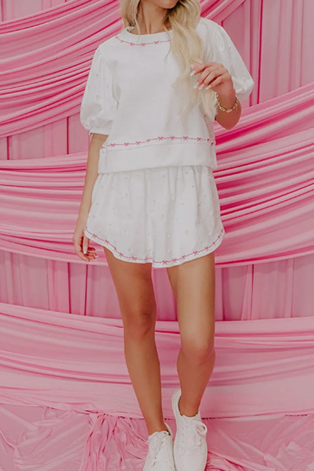 Contrast Bow Trim Pearl Puff Sleeve Blouse and Skort 2pcs Set
