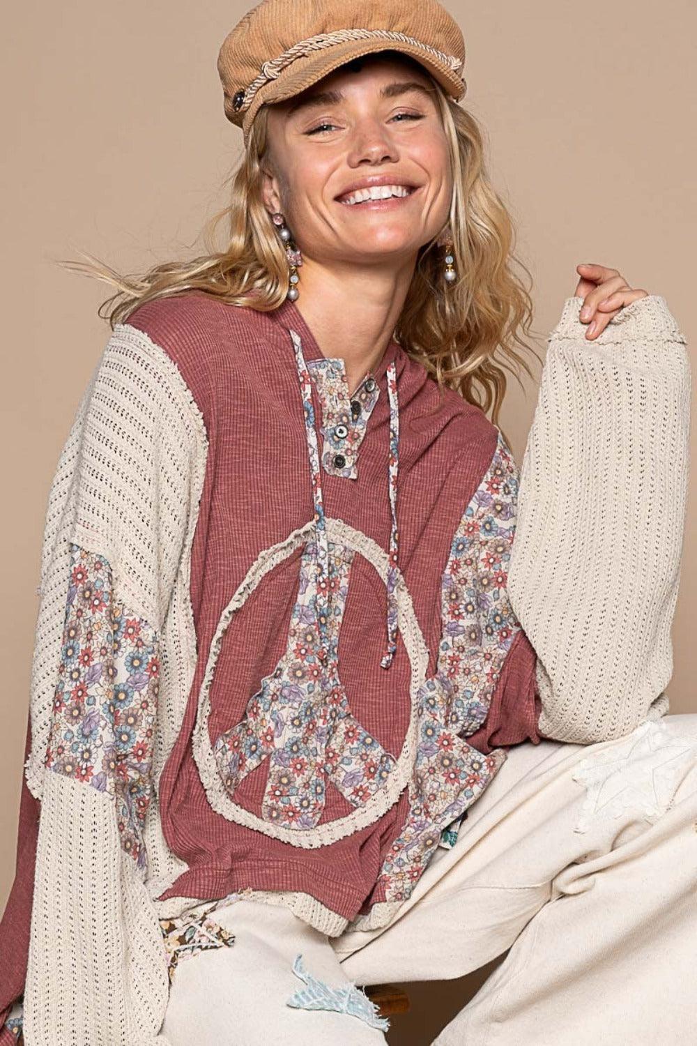 POL Long Sleeve Floral Peace Patch Ribbed Hoodie Red Brick