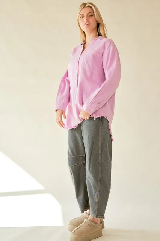 Davi & Dani Letter Back Raw Hem Half Button Shirt
