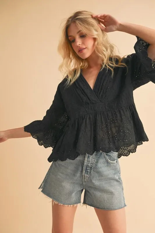 Aemi+Co Flounce Sleeve Eyelet Peplum Top