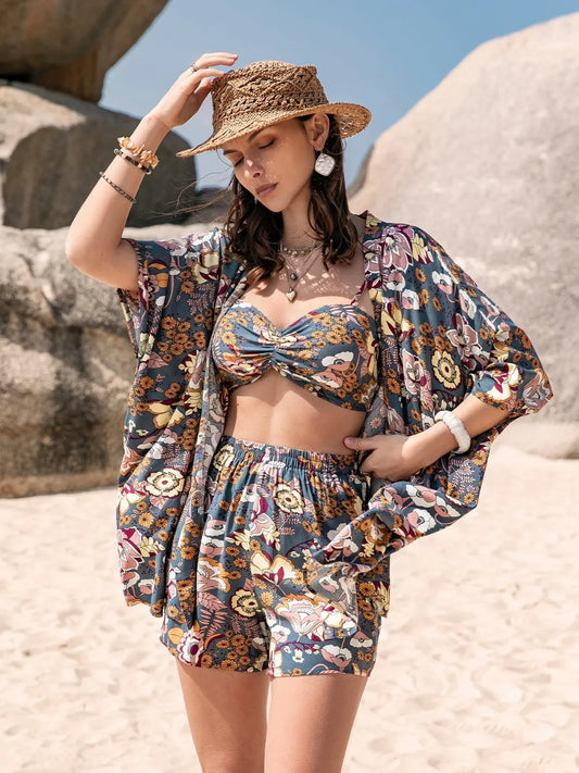 Printed Bra, Cover-Up and Shorts Set Floral