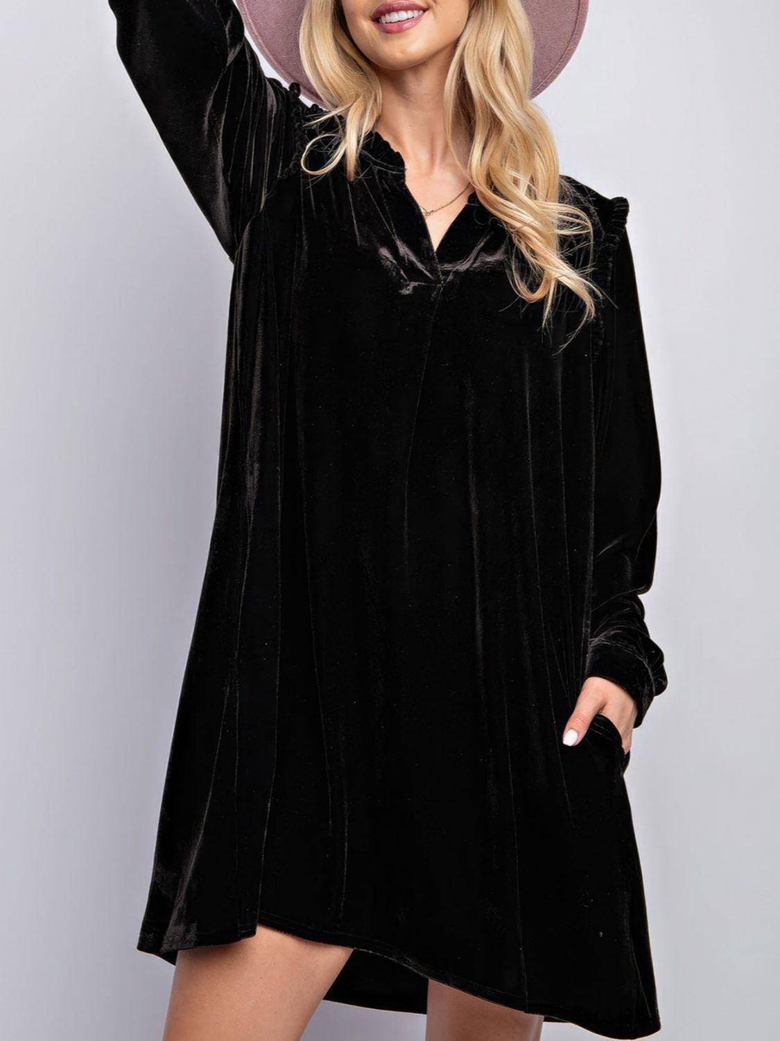 Frill Notched Long Sleeve Dress with Pockets Black