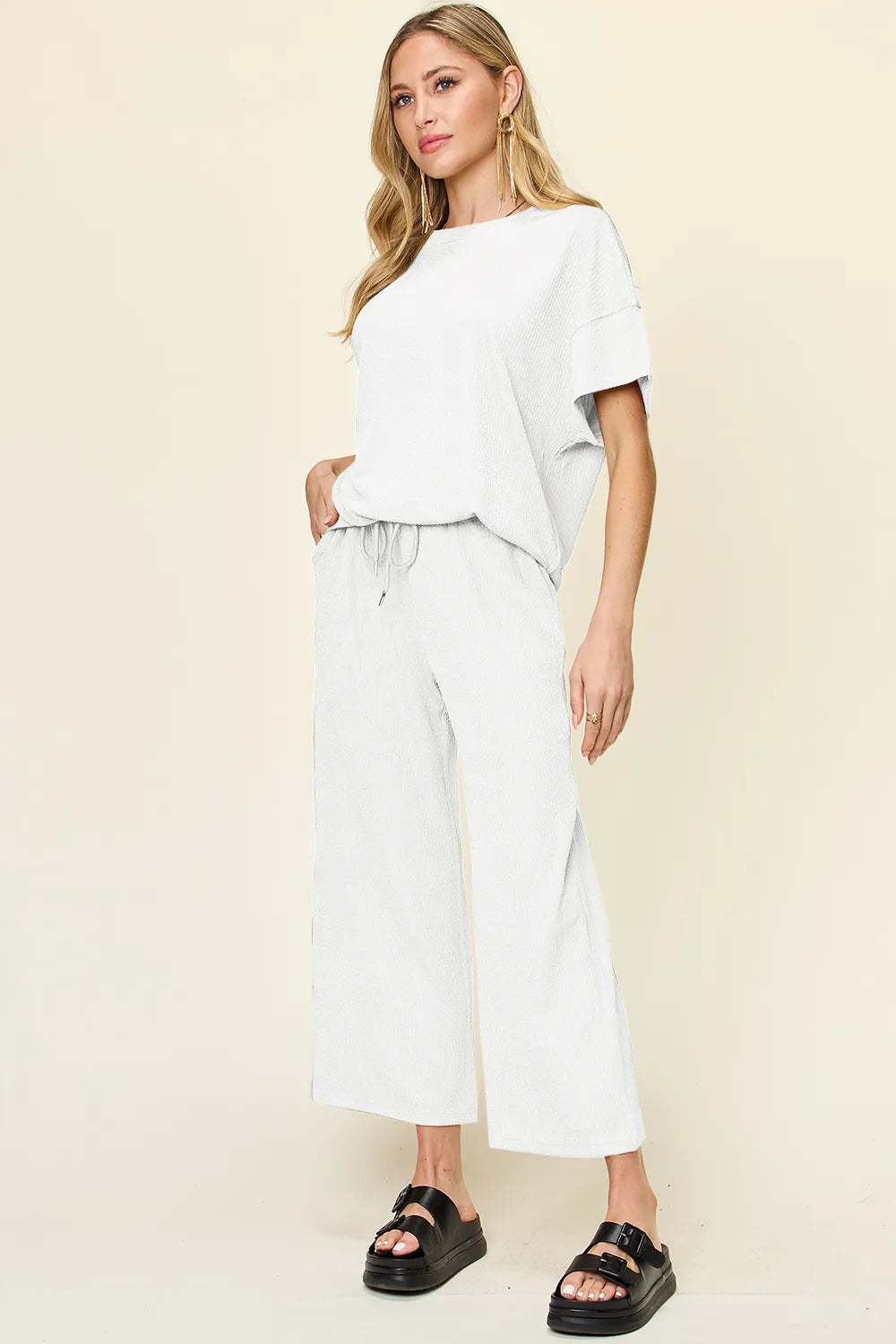 Double Take Full Size Texture Round Neck Short Sleeve T-Shirt and Wide Leg Pants White