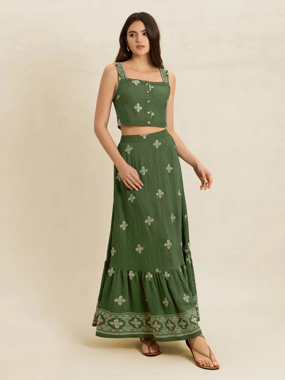 Embroidered Square Neck Cami and Skirt Set