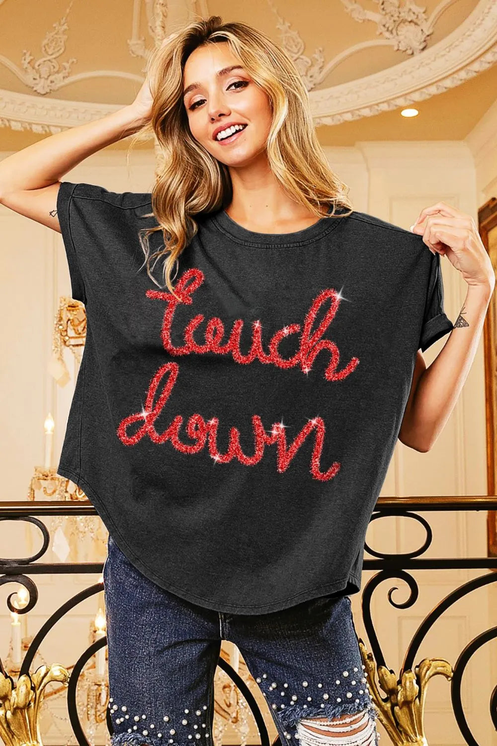 BiBi Touchdown Metallic Letter Vintage Washed Top BLACK CHARCOAL RED
