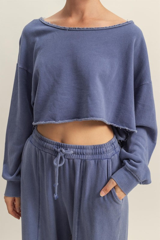 HYFVE Frayed Detail Boat Neck Long Sleeve Crop Top