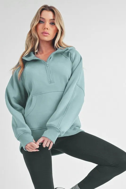 Aemi+Co Half Zip Raglan Sleeve Sweatshirt with Kangaroo Pocket