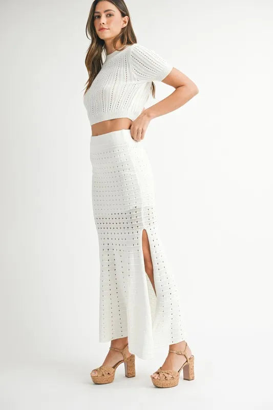 MABLE Pointelle Short Sleeve Crop Top and Slit Skirt Sweater Set