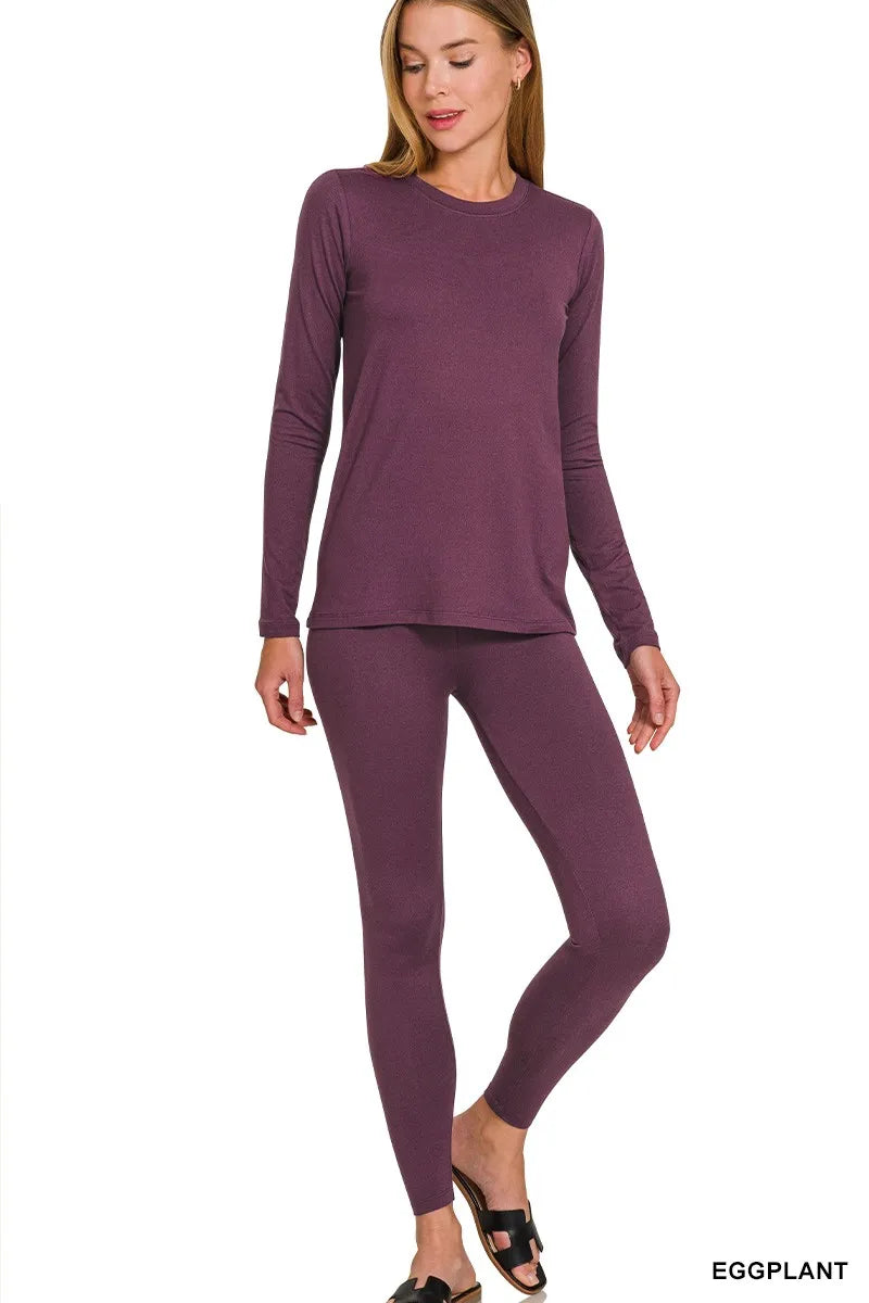 Zenana Microfiber Round Neck Top and Leggings Set EGGPLANT