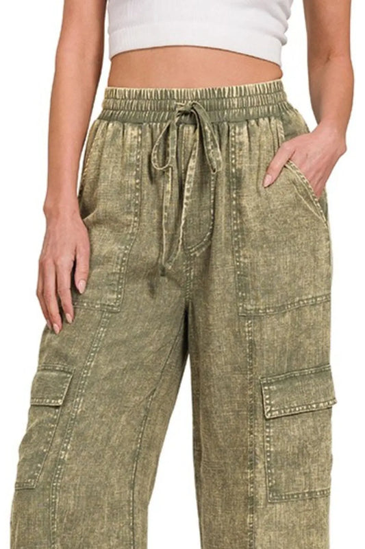 Zenana Washed Linen Elastic Band Waist Cargo Pants