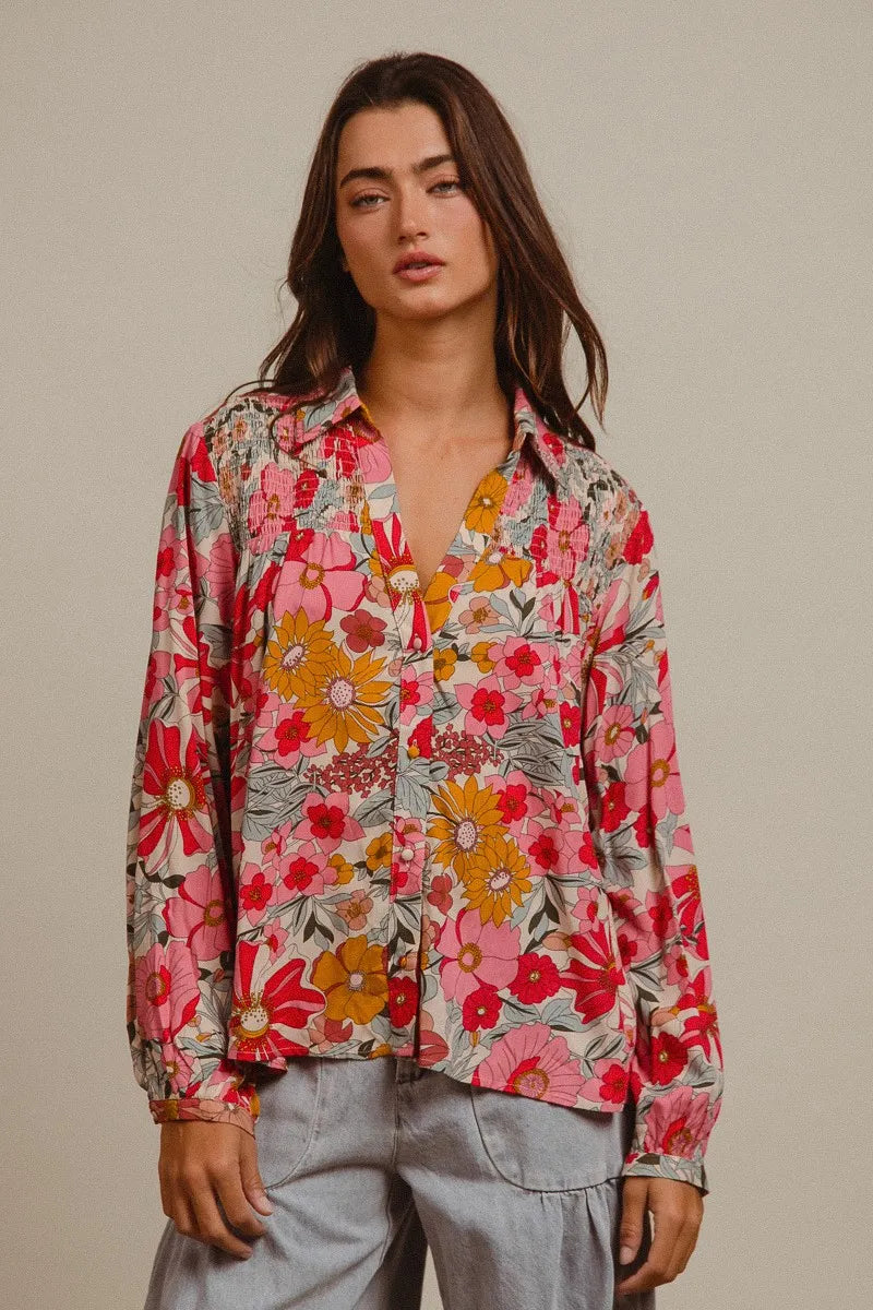 BiBi Woven Floral Printed Shirt Top ROSE