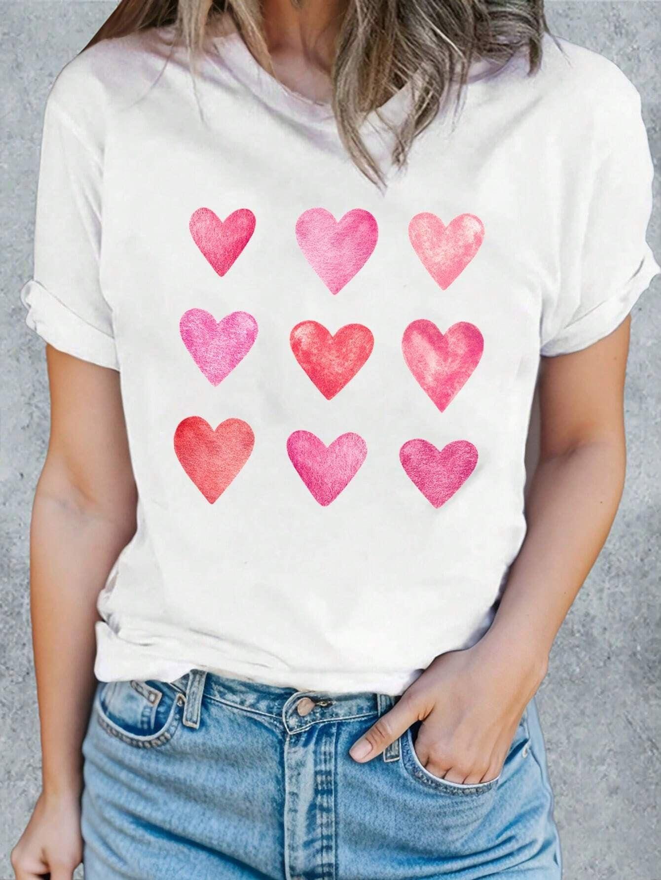 Heart Round Neck Short Sleeve T-Shirt White