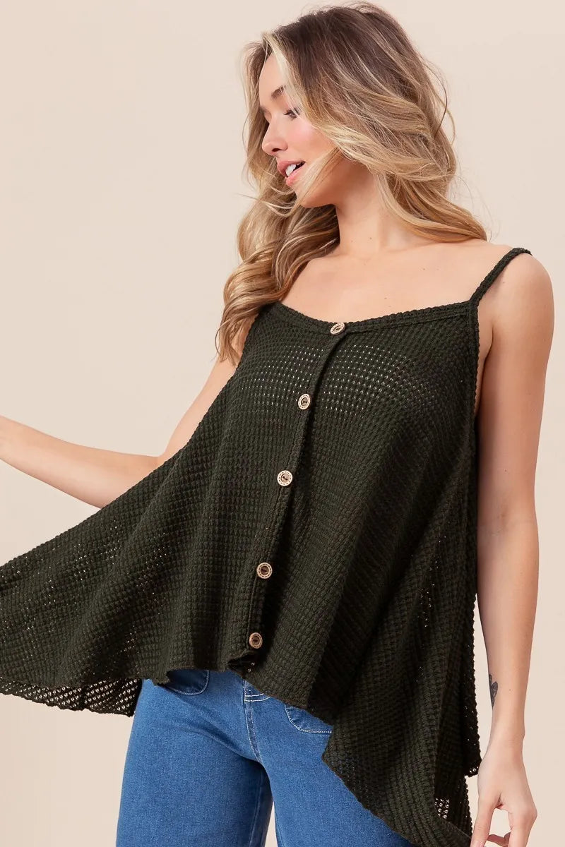 BiBi Popcorn Waffle Knit with Buttoned Front Cami Top BLACK