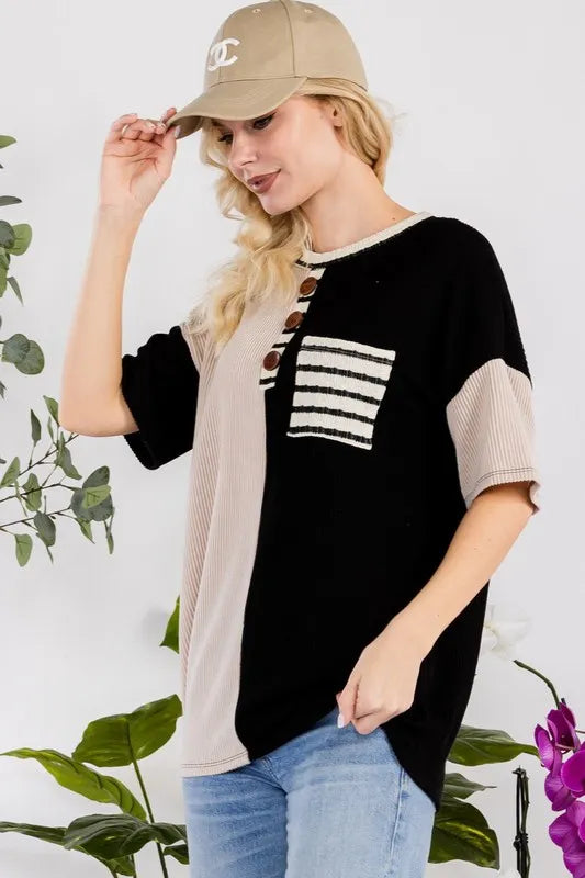 Celeste Full Size Rib Contrast Short Sleeve T-Shirt Plus SIze
