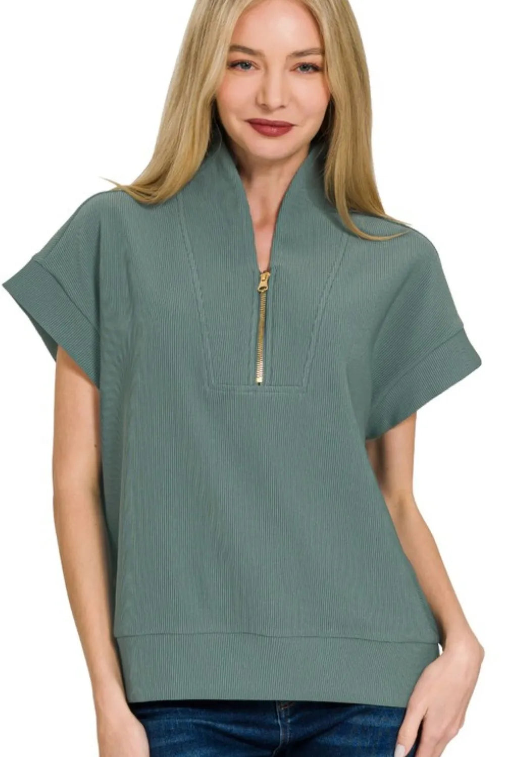 Zenana Ribbed High Neck Half Zip Top ASH JADE