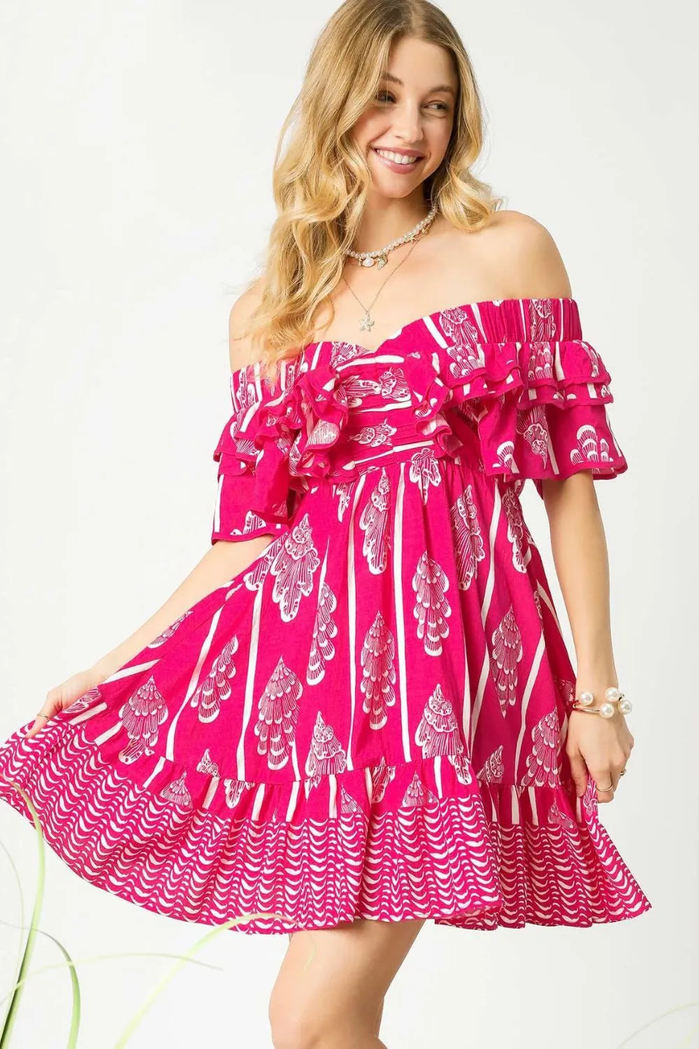 Umgee Off-Shoulder Paisley Print Ruffled Mini Dress Hot Pink