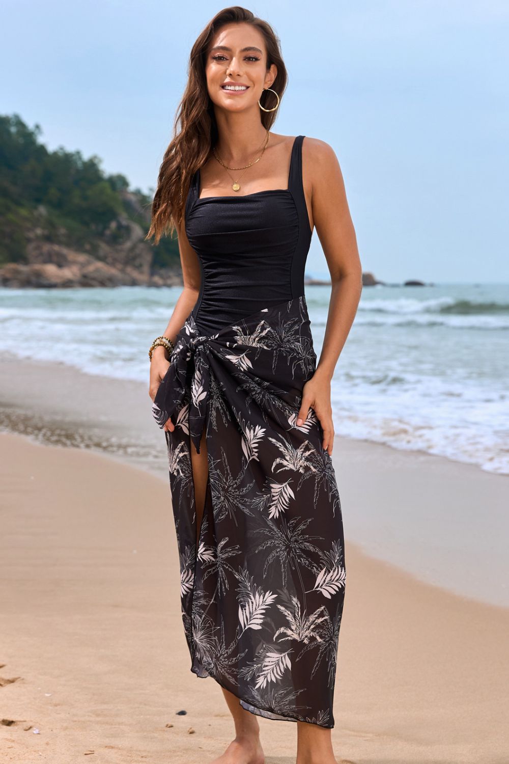 Square Neck Printed One-Piece Swimwear and Cover Up Swim Set Black