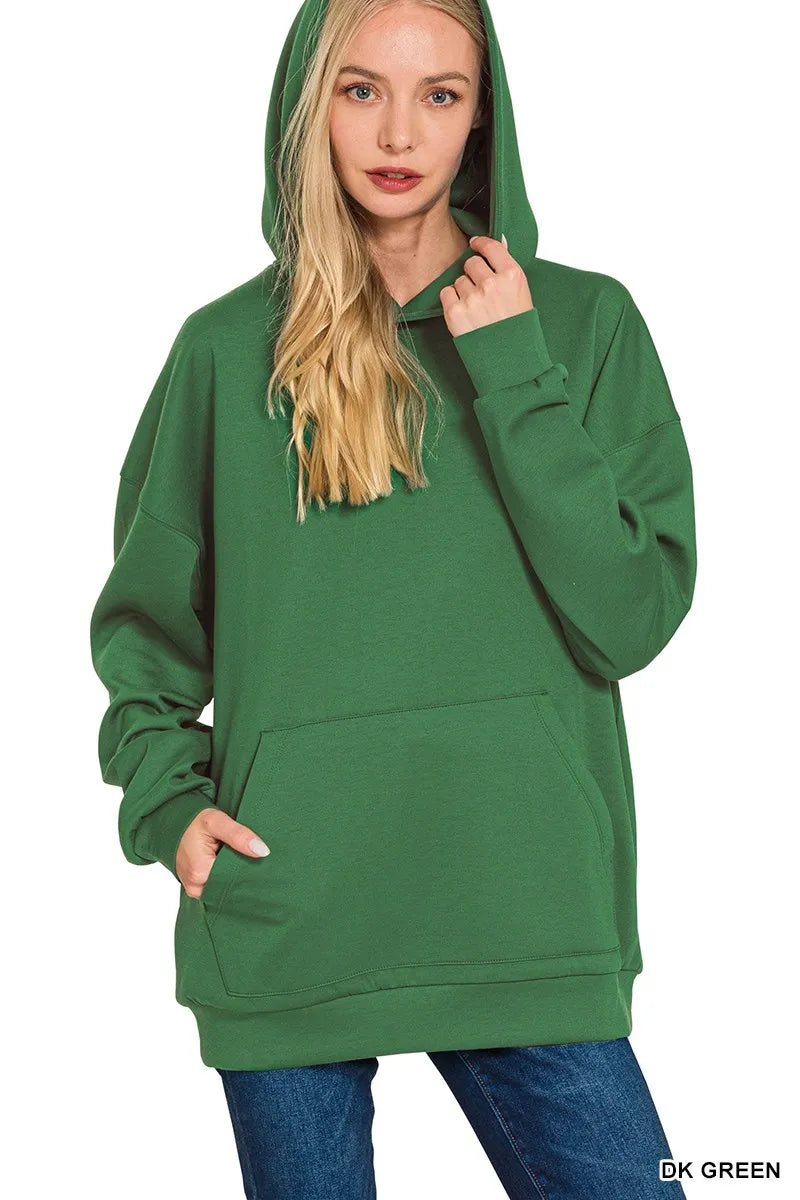 Zenana Oversized Scuba Hoodie with Kangaroo Pocket DK GREEN