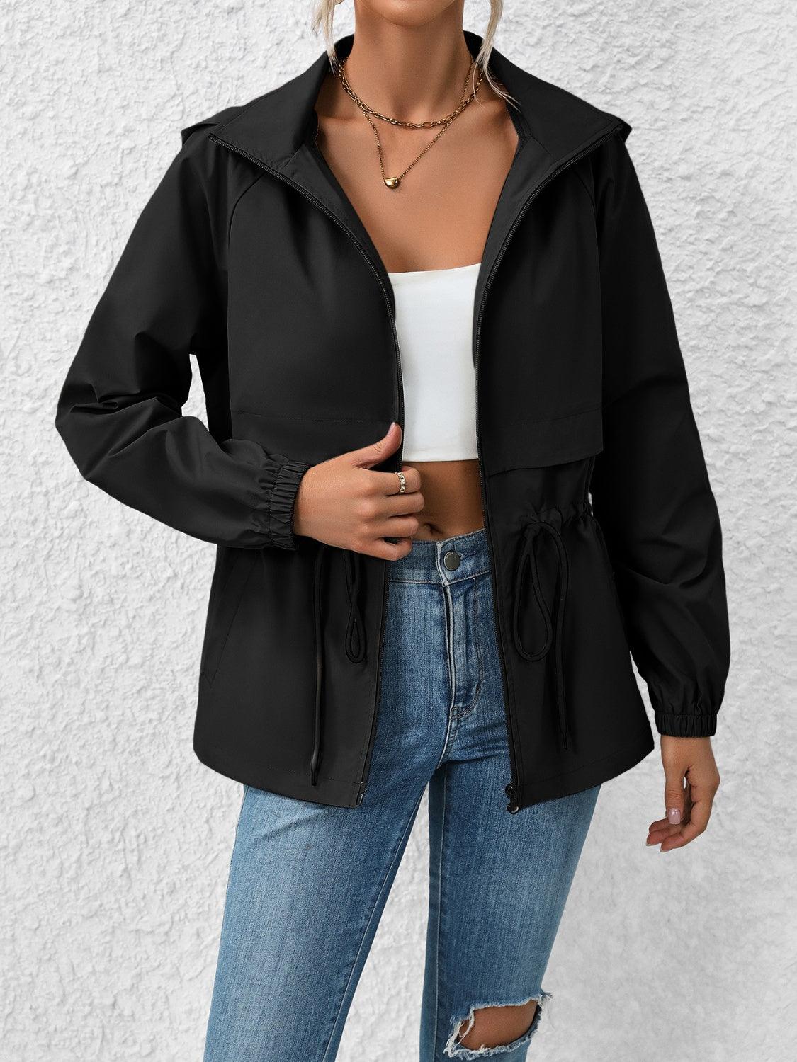 Ivy Lane Drawstring Zip Up Hooded Jacket Black
