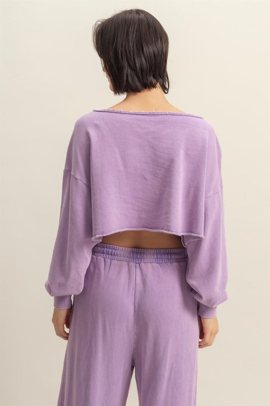 HYFVE Frayed Detail Boat Neck Long Sleeve Crop Top