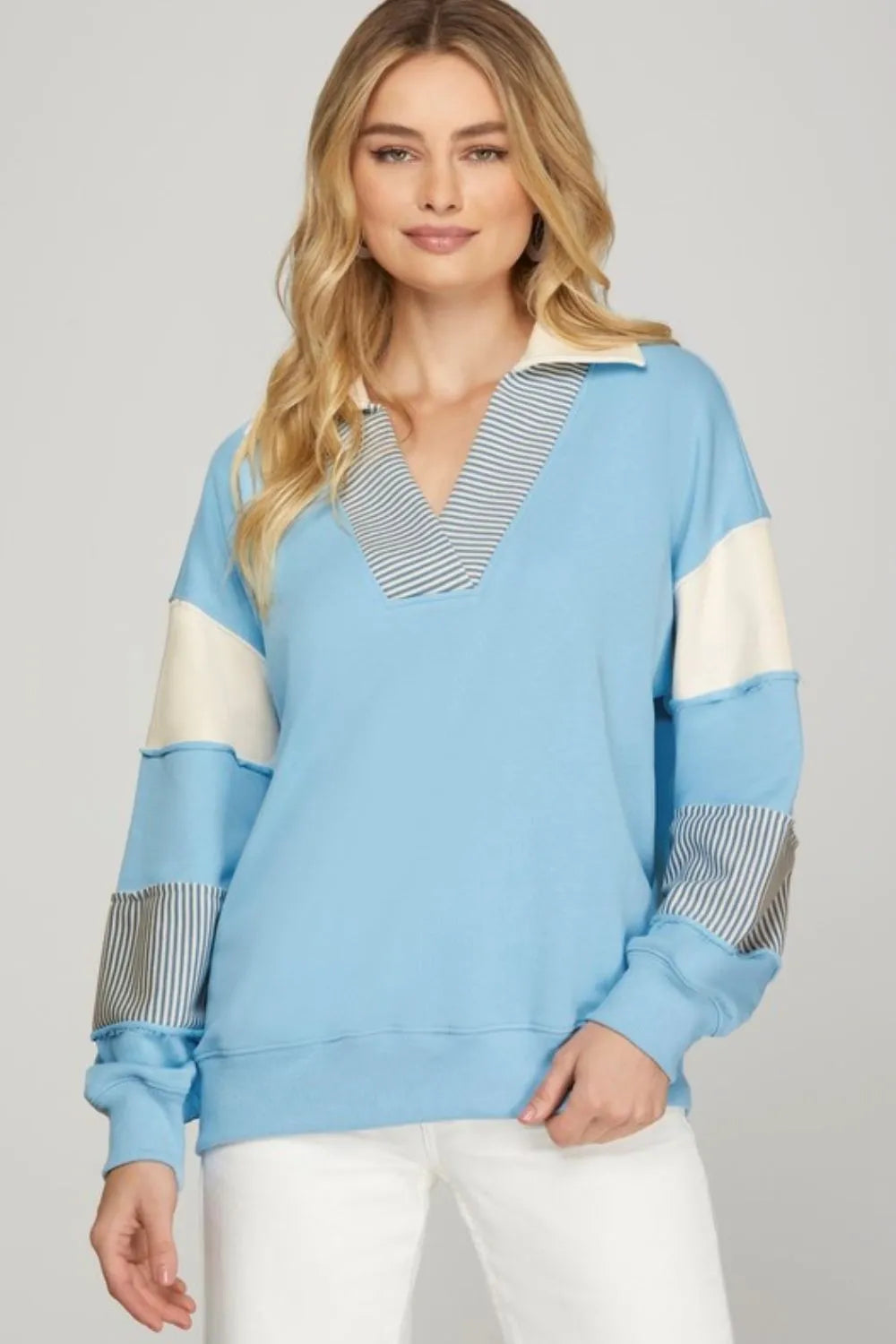 She + Sky Full Size Color Block Sleeve Johnny Collar French Terry Sweatshirt Plus Size Light Blue