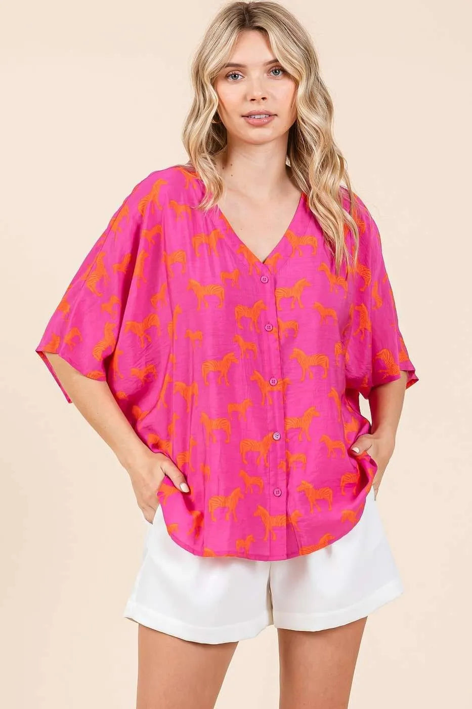 Mittoshop Zebra Print V-Neck Button Down Dolman Sleeve Top