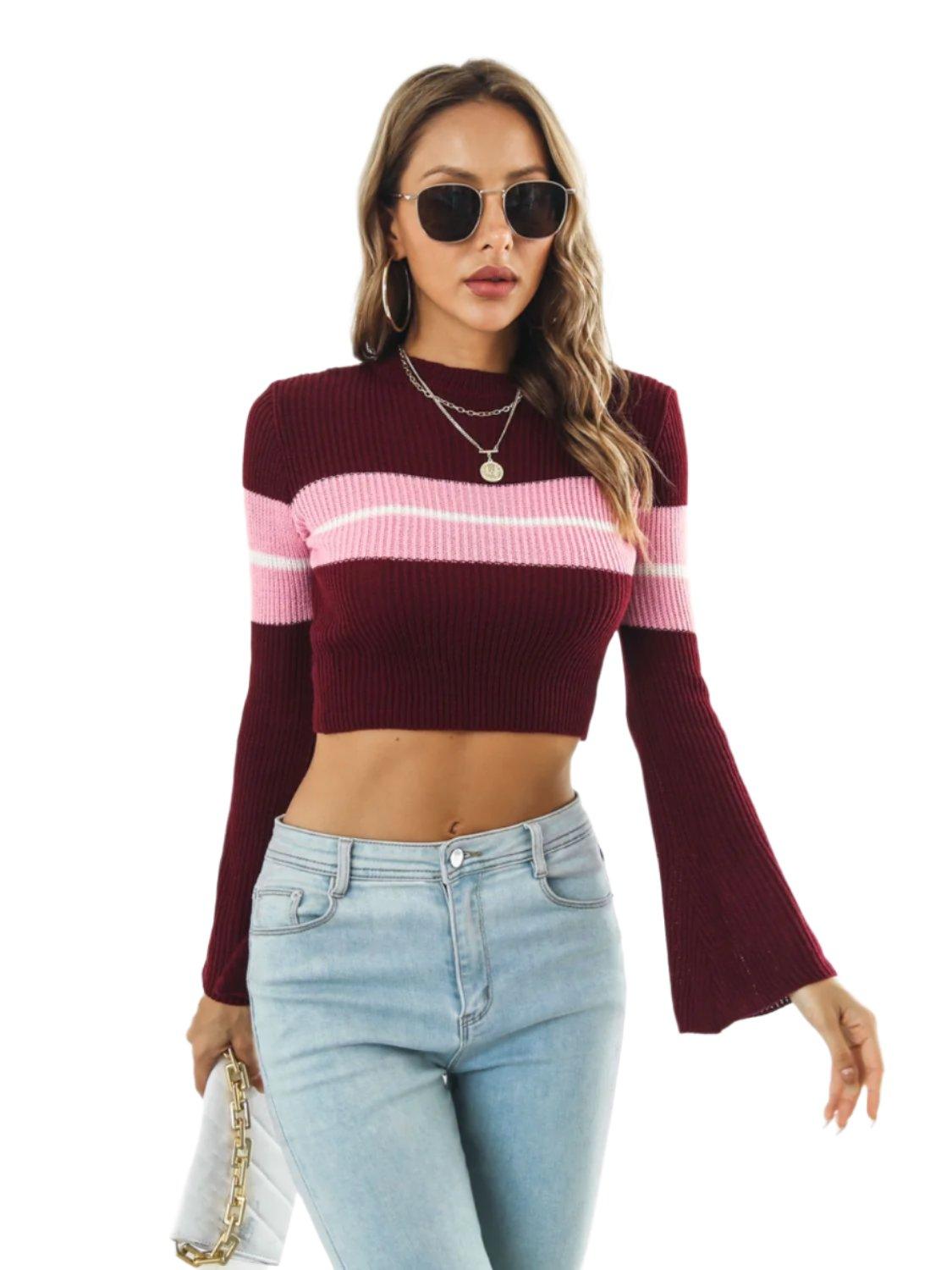 Ribbed Color Block Round Neck Cropped Sweater Wine