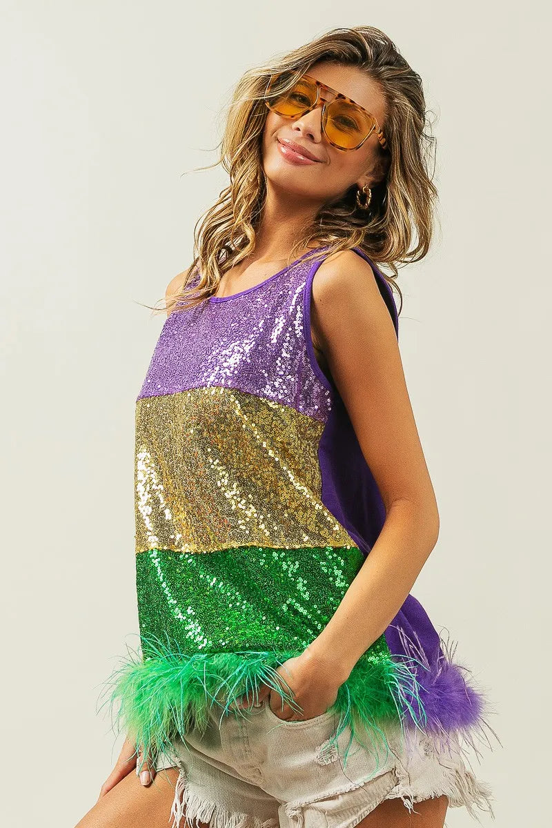 BiBi Mardi Gras Color Block Faux Feather Hem Sequin Top