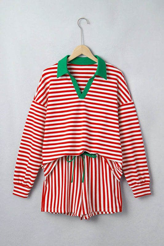 Stripe Colorblock Long Sleeve Collar Top & Shorts Set