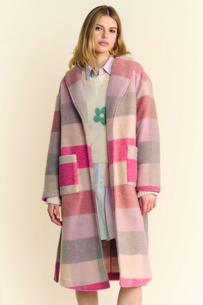 Davi & Dani Tied Color Block Collared Neck Coat Hot Pink Multicolor