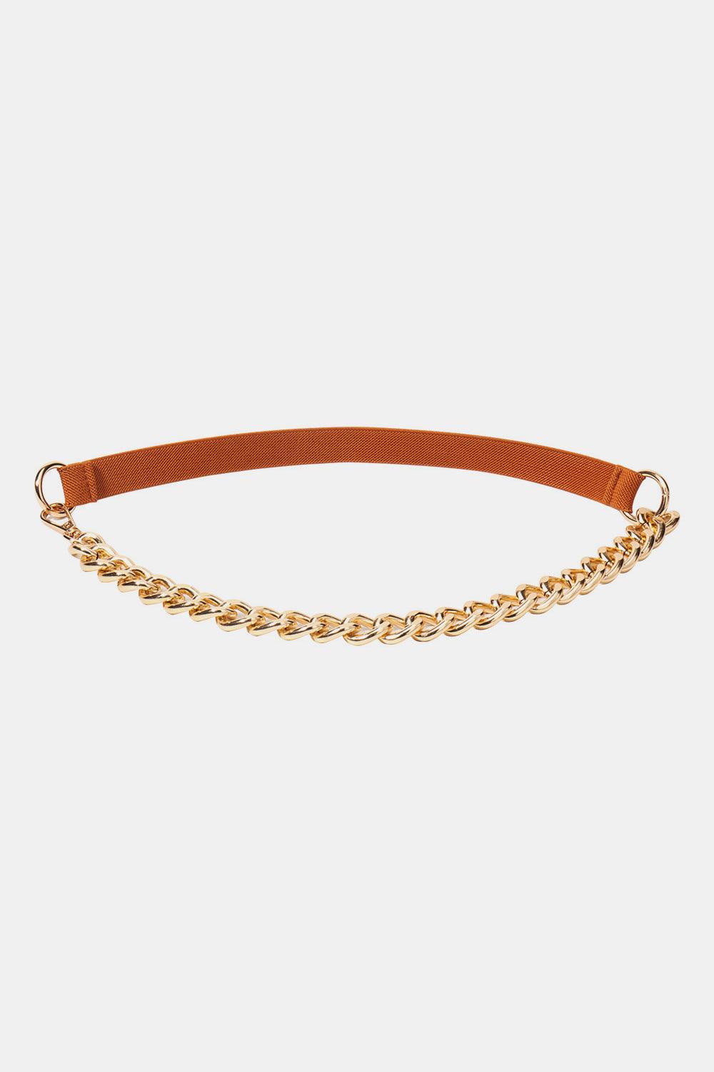 Half Alloy Chain Elastic Belt Brown Gold One Size