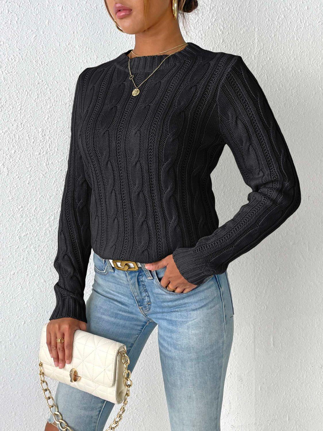 Cable-Knit Round Neck Sweater Black