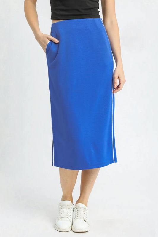 Umgee Midi Pencil Skirt with Contrast Piping Detail OCEAN
