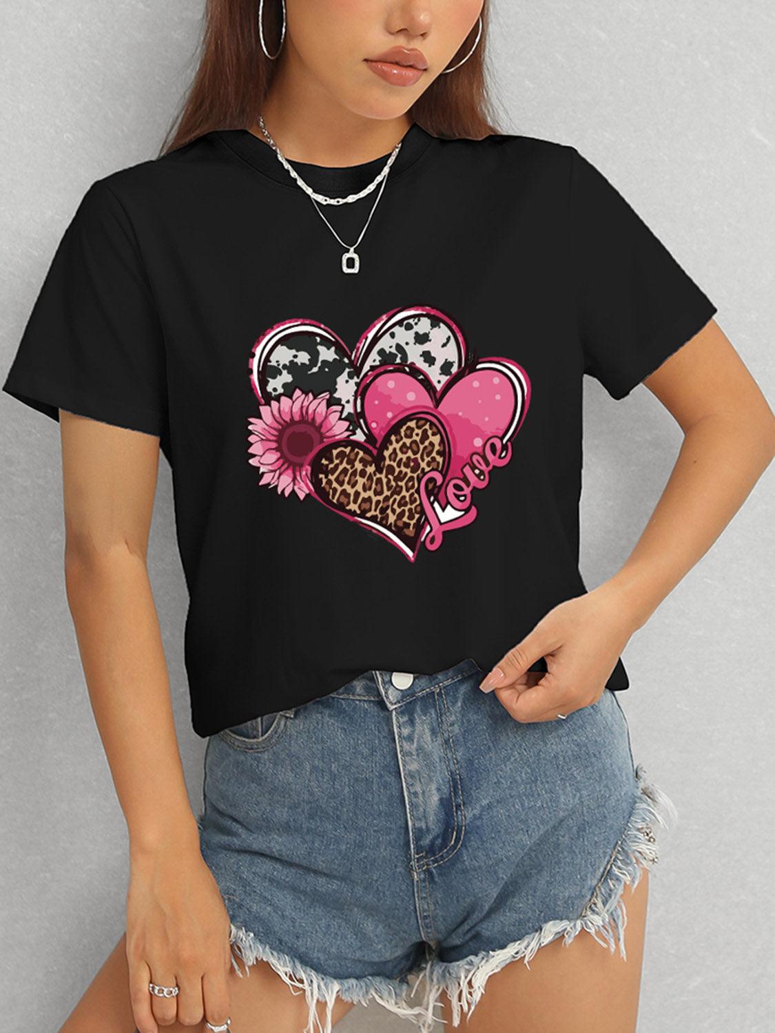 Heart Round Neck Short Sleeve T-Shirt Black